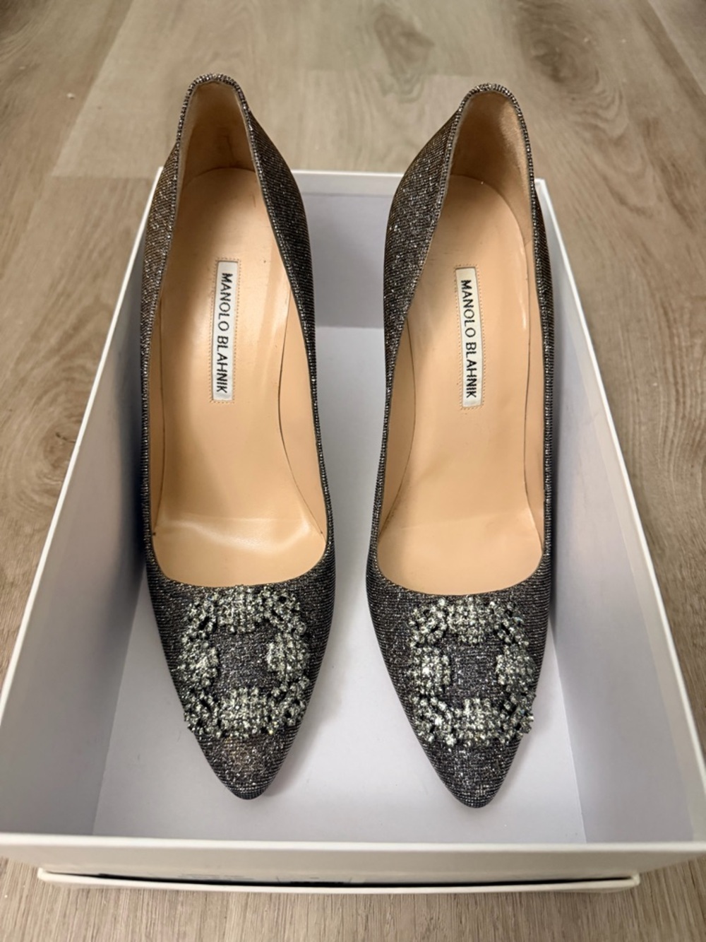 Manolo Blahnik Pewter Glitter Pointed-Toe Crystal Hangisi Pumps